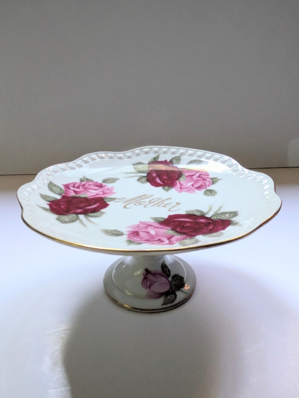 Vintage Cake Stand Small Footed Serving Plate Pink Red Roses Sweets Snacks